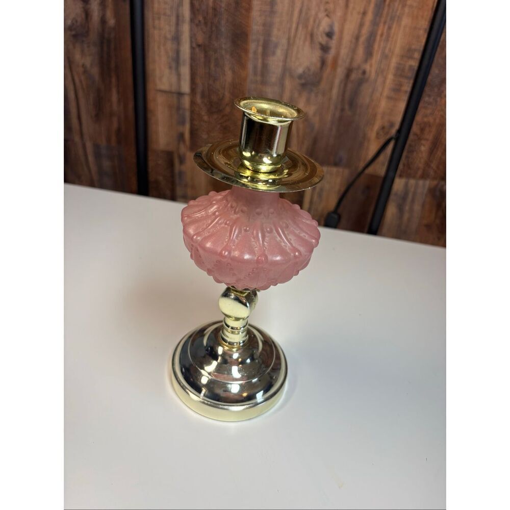 Pink Frosted Glass Gold Tone Candle Holder 9 in Vintage Style